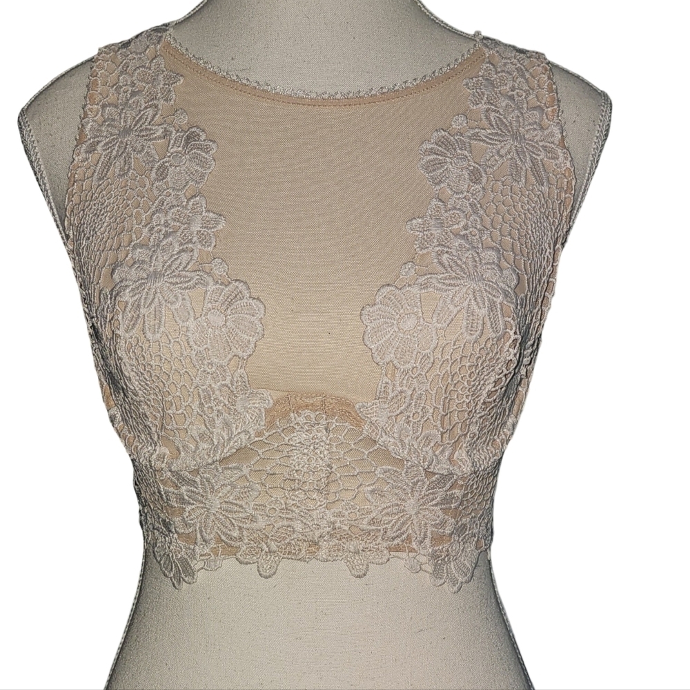 Victorias Secret Dream Angels Lace Mesh Long Line Bra Neutral Floral Boho Sz 32D - Picture 2 of 16